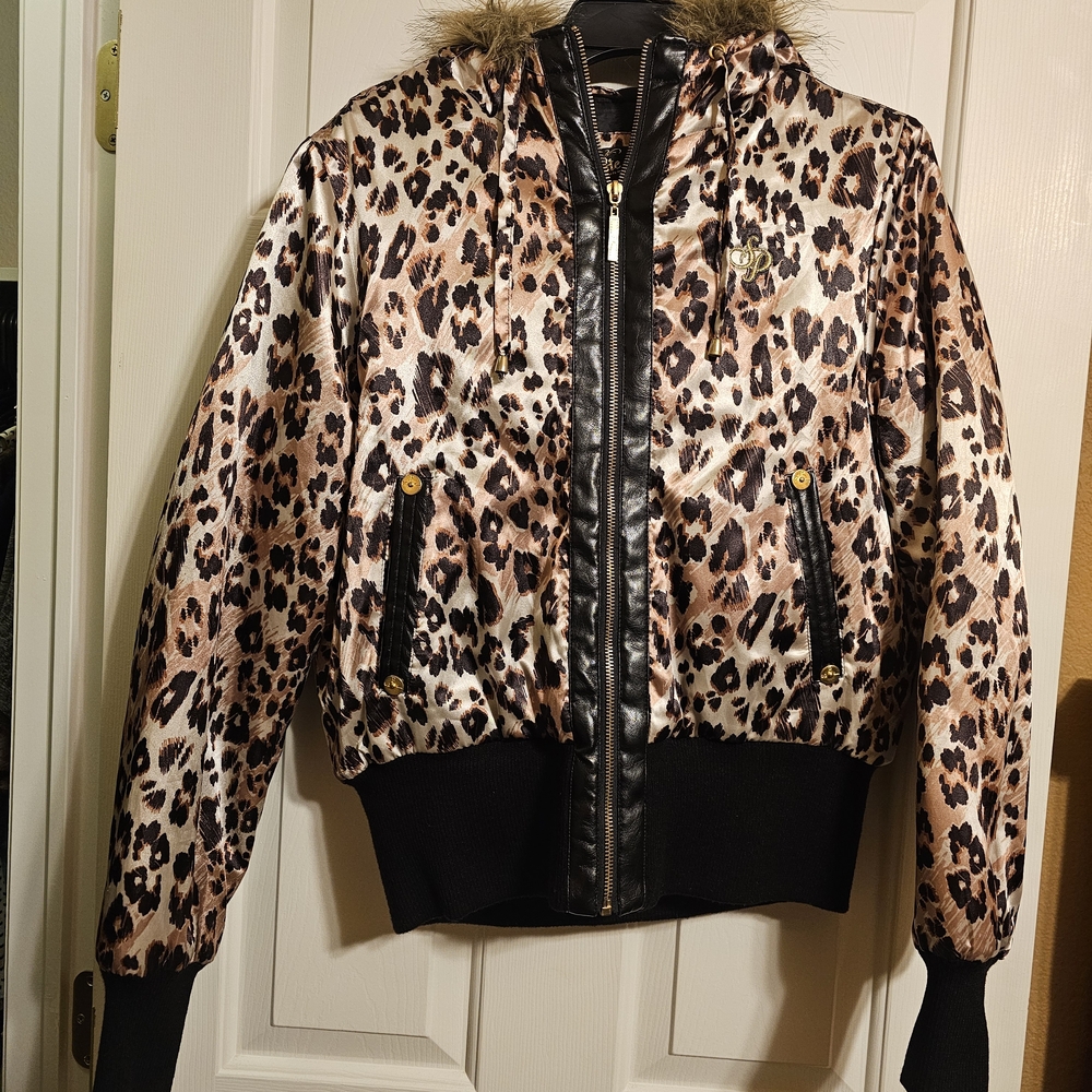South Pole Leopard Print Bomber Jacket with Black Accents